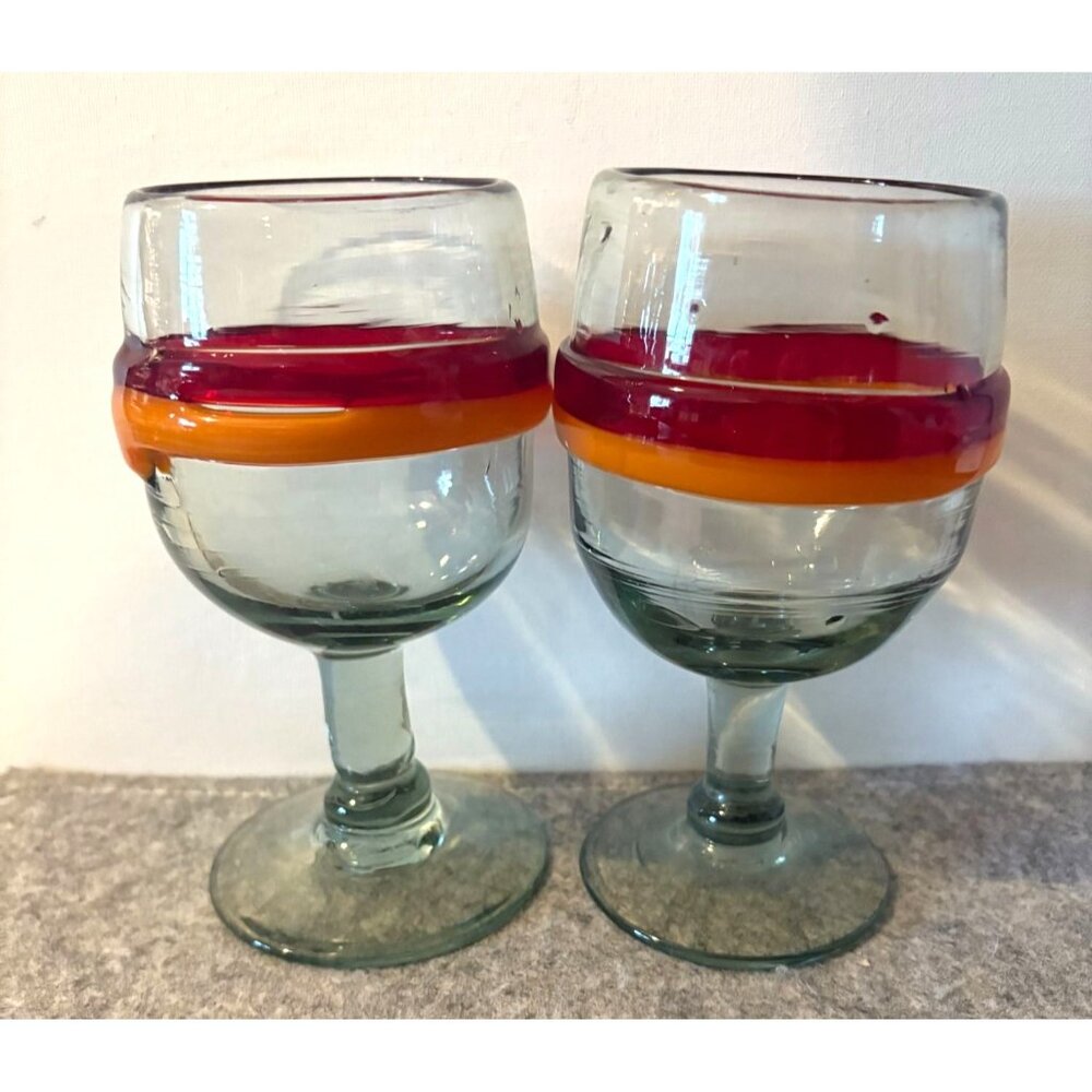 Set of 2 Handblown 6" Goblets with Bands of Applied Glass of Red and Orange  #32
